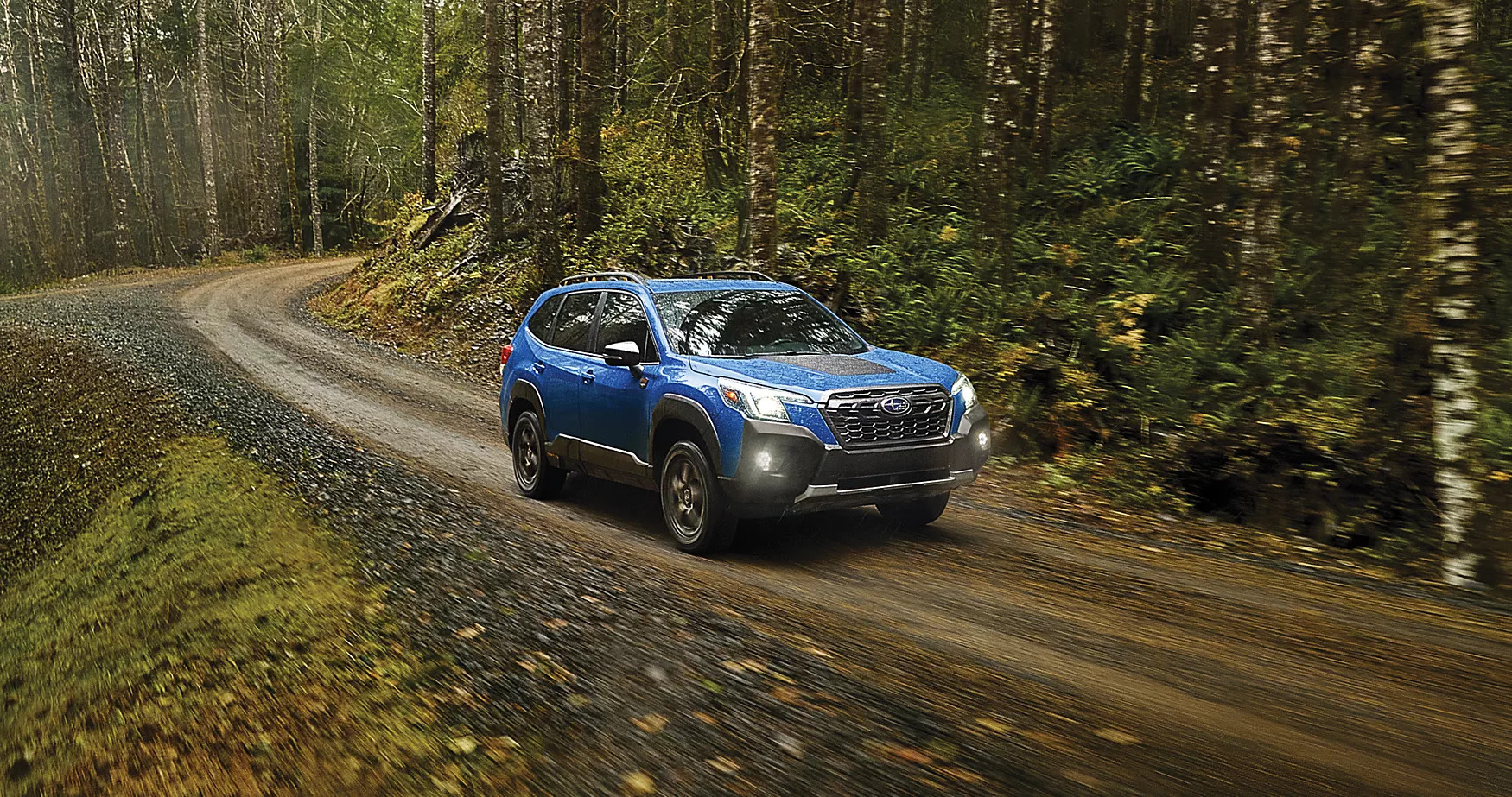 a blue forester hybrid driving on a dirt road in the woods